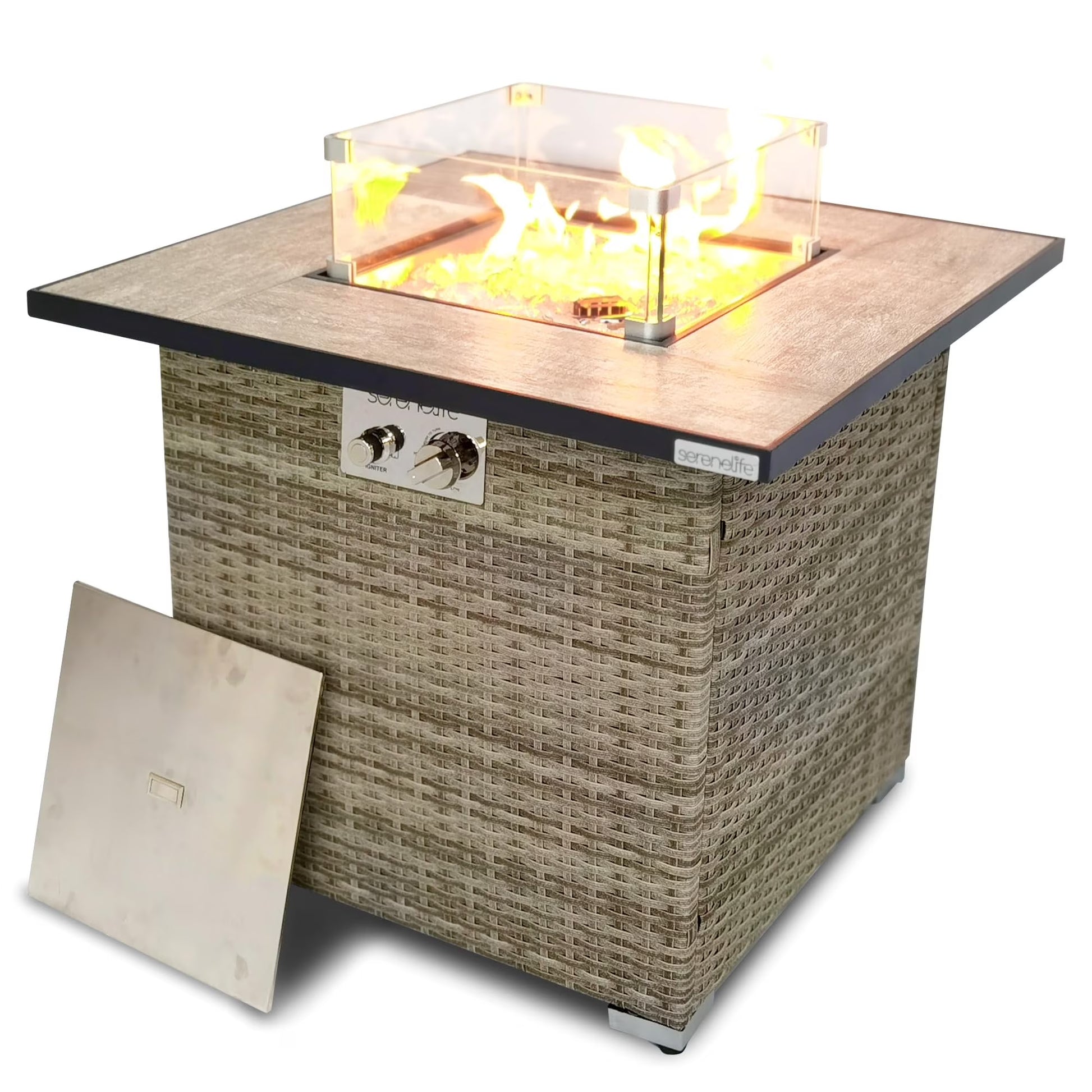 SereneLife Propane Fire Pit Table, 50000 BTU CSA/ETL Certified Safe Gas Table with Sturdy Wicker Base, Stainless Steel Burner, Glass Wind Guard & Cover, Outdoor Fireplaces for Parties