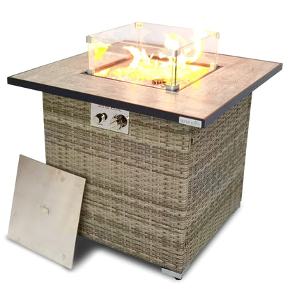 SereneLife Propane Fire Pit Table, 50000 BTU CSA/ETL Certified Safe Gas Table with Sturdy Wicker Base, Stainless Steel Burner, Glass Wind Guard & Cover, Outdoor Fireplaces for Parties