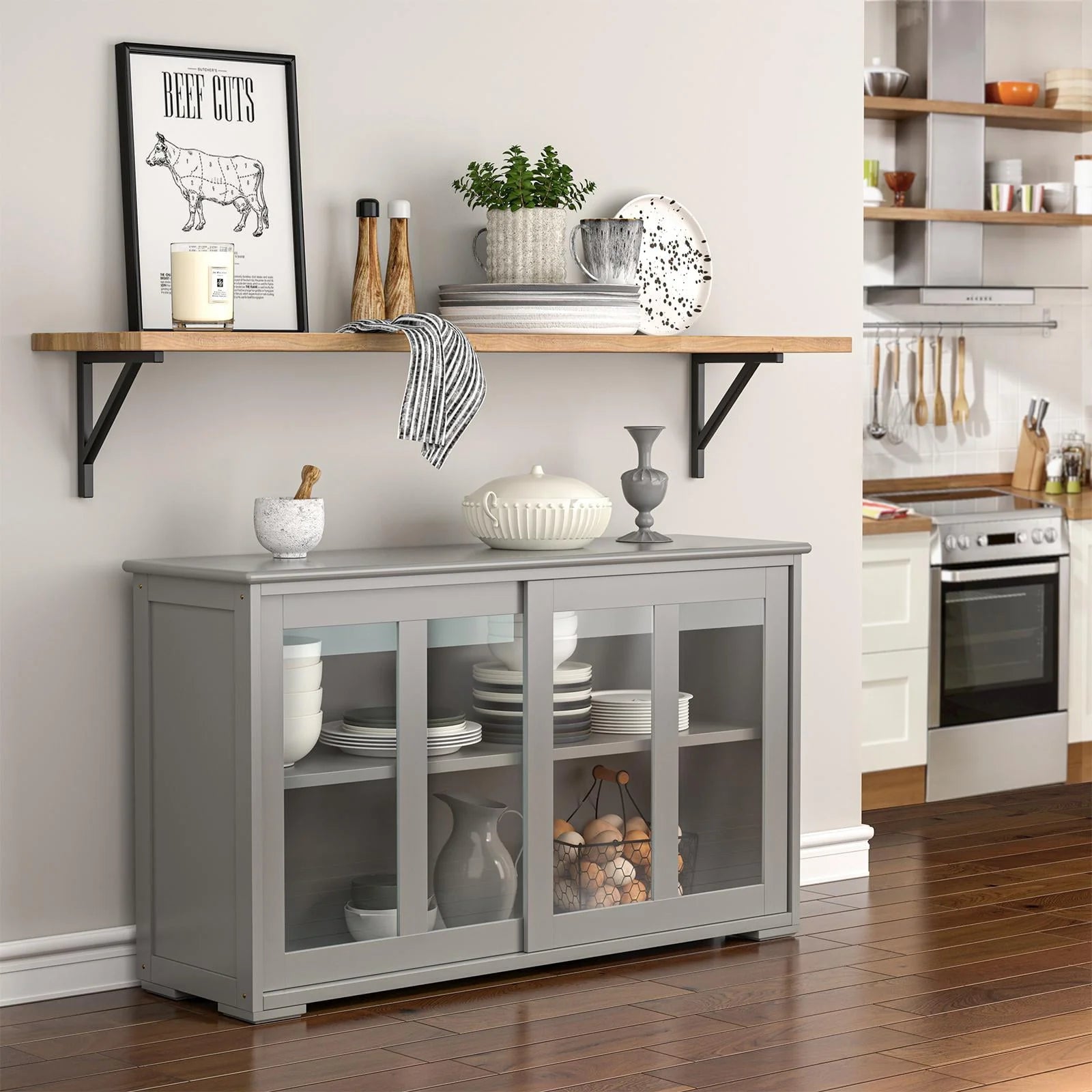 Giantex Stackable Buffet Cabinet, Kitchen Storage Cabinet with Sliding Tempered Glass Doors, Small Sideboard for Kitchen, Dining Room or Living Room, Grey