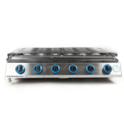 Commercial Gas LPG Grill 2800PA Outdoor BBQ Tabletop Cooker 6-Burner 6 Burners LPG Gas BBQ Grill Stainless Steel Smokeless Grill Glass Shield Outdoor