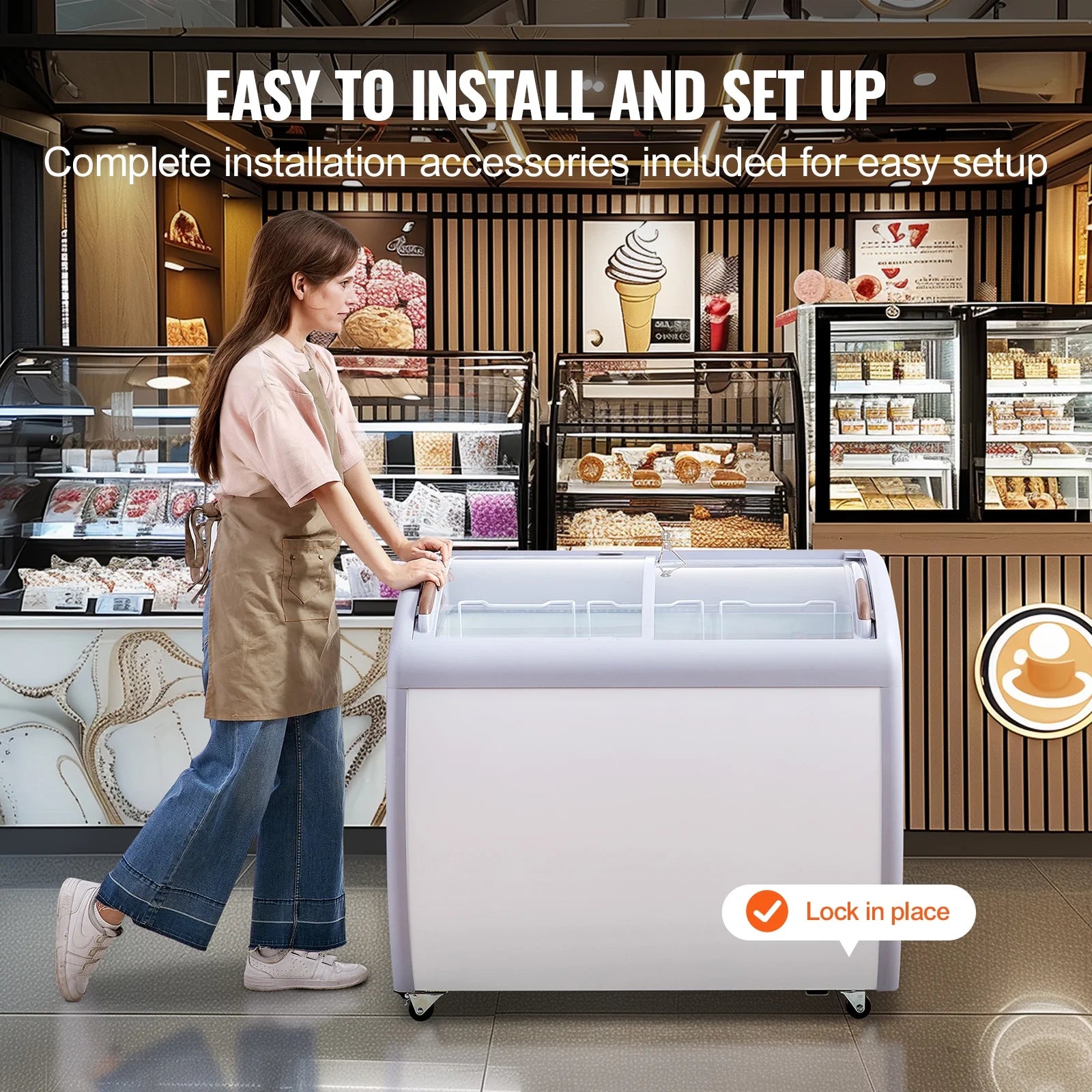 KFFKFF Professional Ice Cream Showcase, 9.3 Cubic Feet Storage Freezer, Portable Transparent Lid Deep Freezer, Eatery Sorbet Serving Cabinet,3 Metal Baskets, Dual Slide Glass Doors, Lockable Wheels