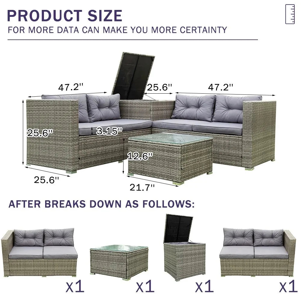 UHOMEPRO 4-Piece Rattan Patio Furniture Sets, All-Weather PE Wicker Patio Conversation Set with Storage Box, Glass Coffee Table, Outdoor Sectional Sofa Set for Backyard Patio Garden Poolside, Gray