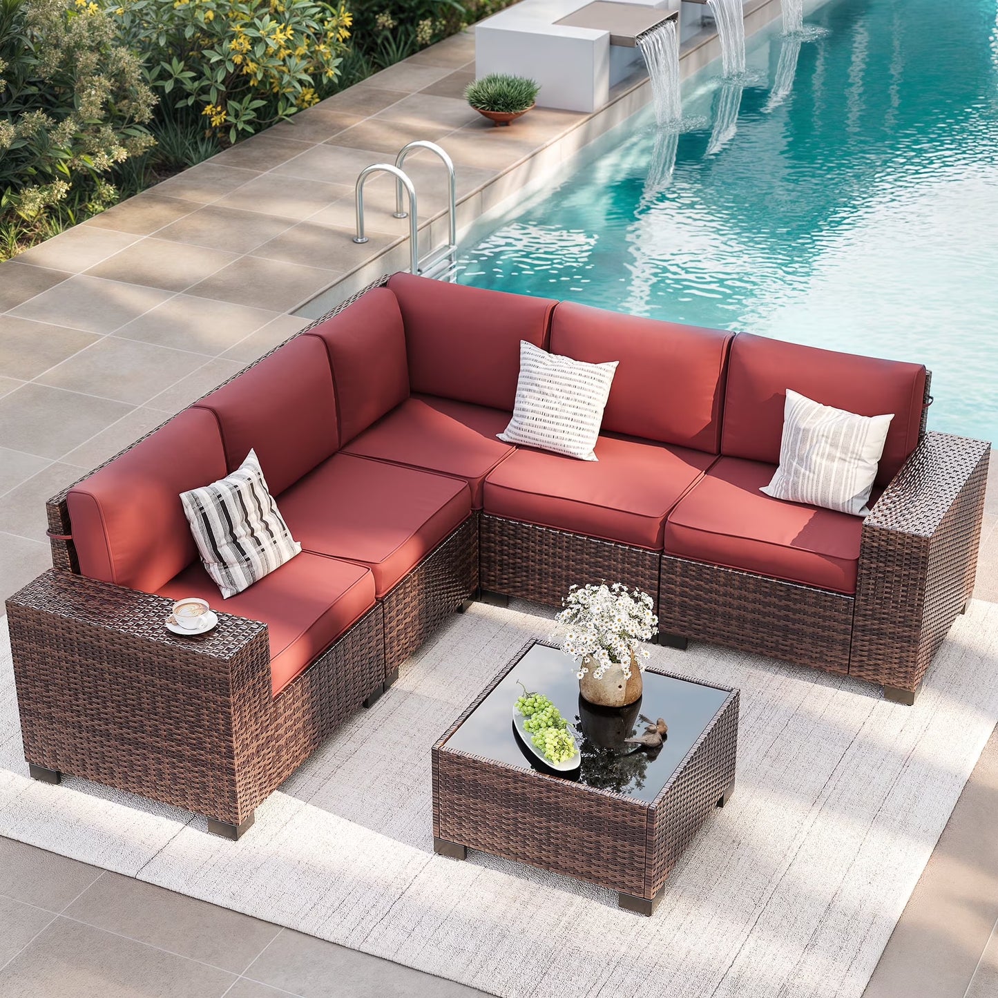 ELPOSUN Outdoor Sectional Furniture Set 6-Piece Brown Rattan Wicker Conversation Sofa Set with Glass Top Table and Waterproof Covers,Blue Cushions
