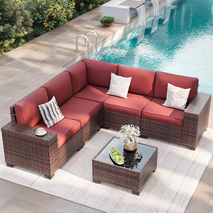 ELPOSUN Outdoor Sectional Furniture Set 6-Piece Brown Rattan Wicker Conversation Sofa Set with Glass Top Table and Waterproof Covers,Blue Cushions
