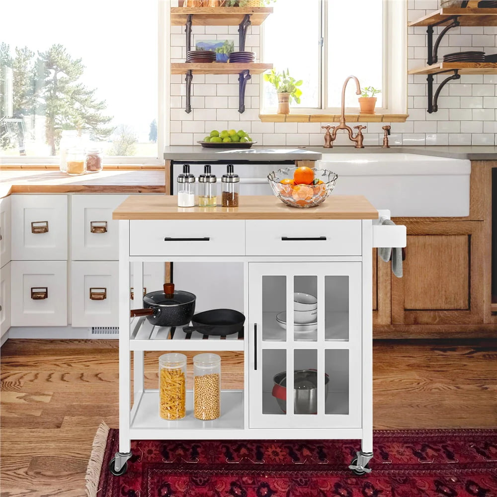 Topeakmart Rolling Kitchen Cart with Bamboo Top & Storage & Tempered Glass Cabinet Door White