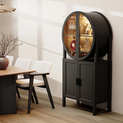 BROTTAR 65" Tall Rounded Wine Bar Cabinet with LED Lights, Storage Cabinet with Glass Doors & Shelves, Modern Liquor Coffee Bar Cabinet with Human Body Sensor for Kitchen, Living Room, Black