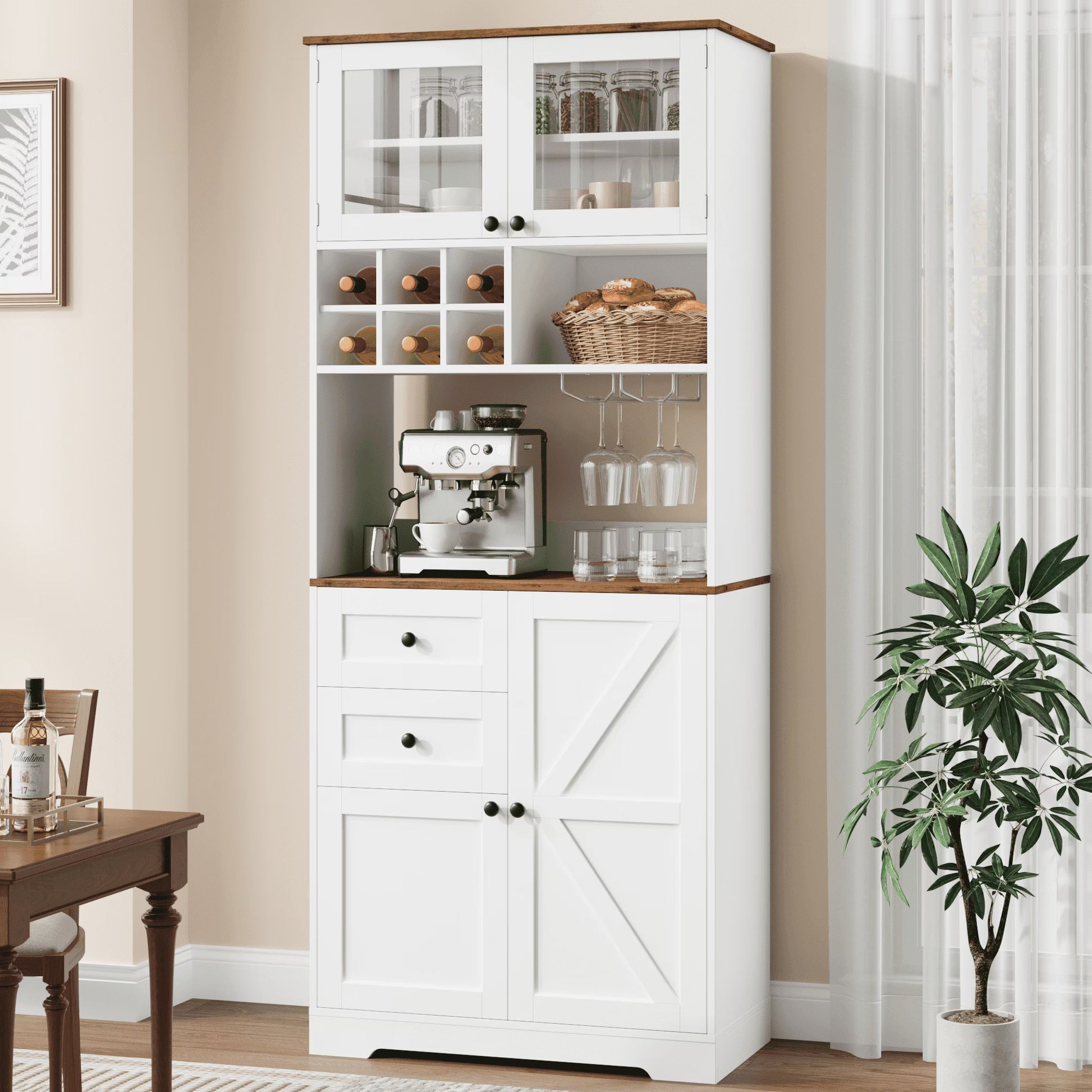 Homfa 75.2'' Kitchen Pantry Storage Cabinet with Wine Rack & Adjustable Shelf, 2 Drawer Modern Farmhouse Buffet with Glass Door for Dining Room Living Room, Black