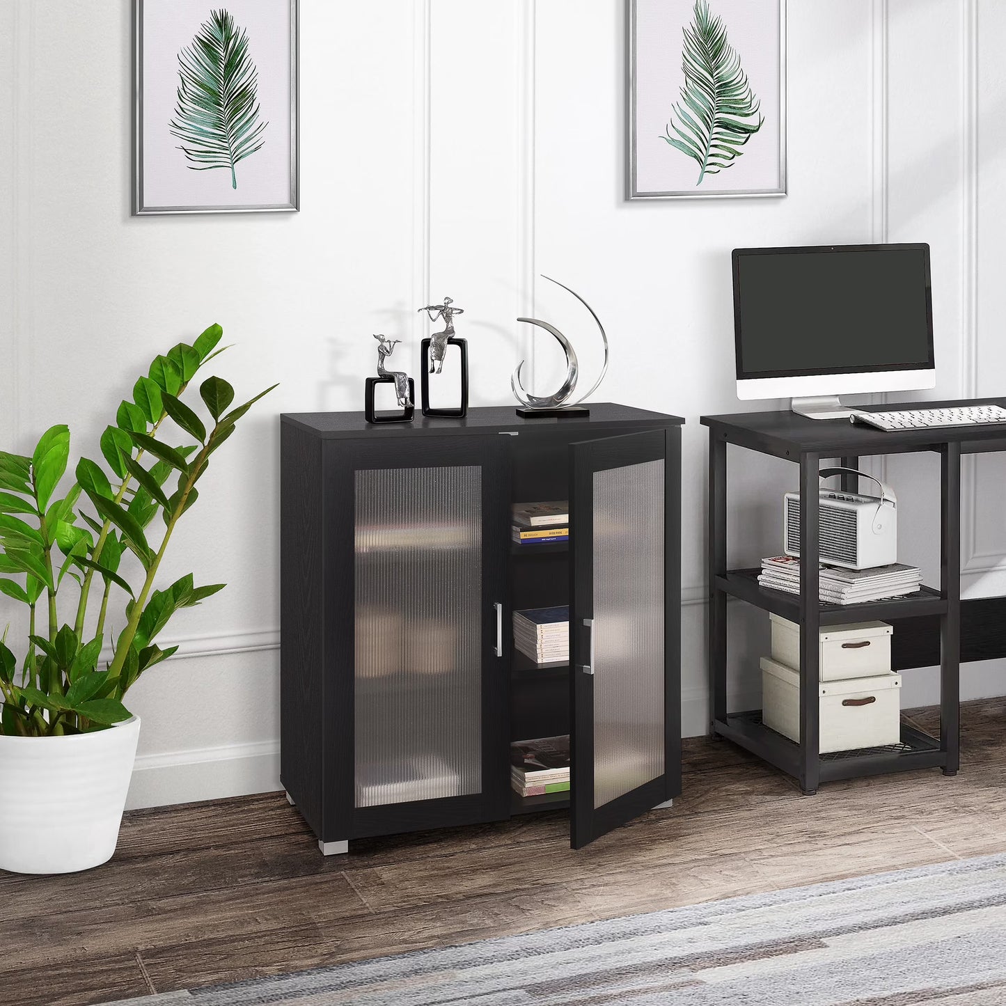 Kings Brand Furniture Wood Curio Accent Cabinet with 2 Frosted Glass Doors, 3 Inner Shelves, White