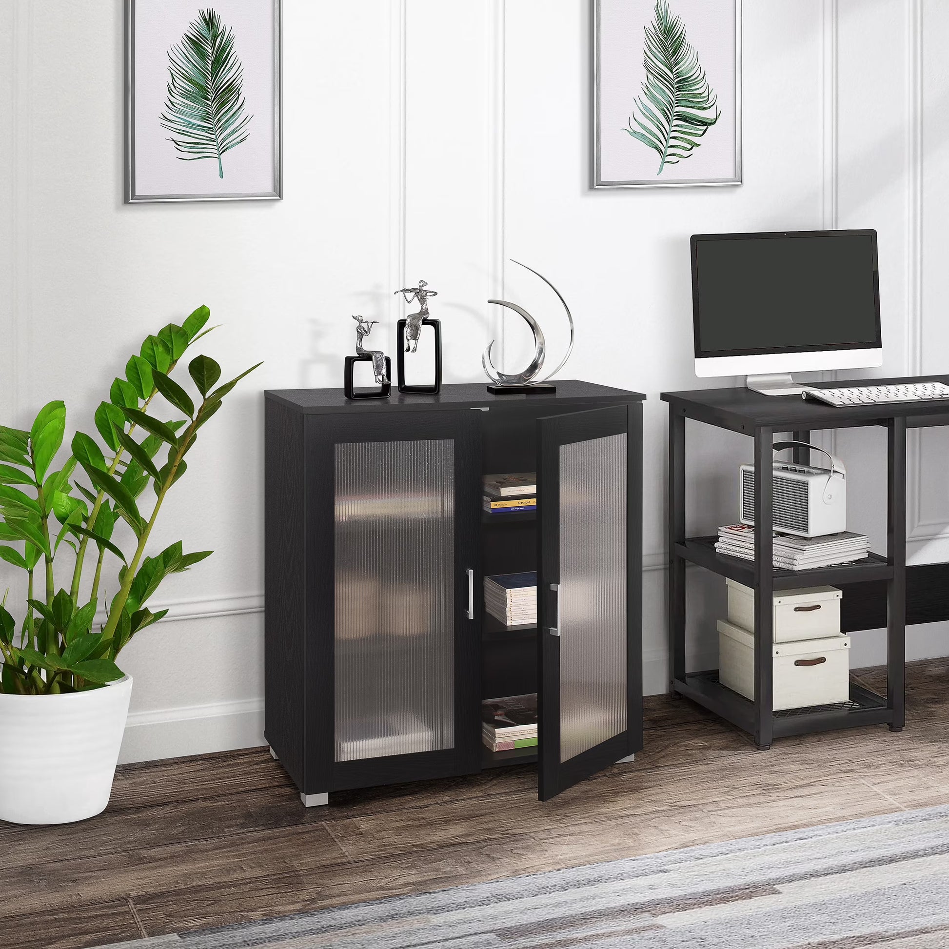 Kings Brand Furniture Wood Curio Accent Cabinet with 2 Frosted Glass Doors, 3 Inner Shelves, White