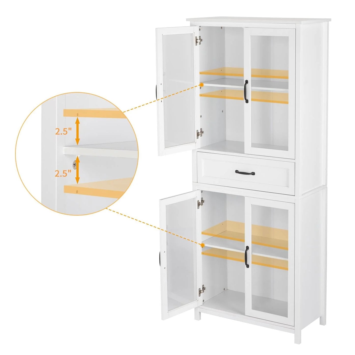 UBesGoo Bookcase with Acrylic Glass Doors 5 Shelves Pantry Cabinet, 70.8 Inch Kitchen Buffet Cupboard Cabinet, White