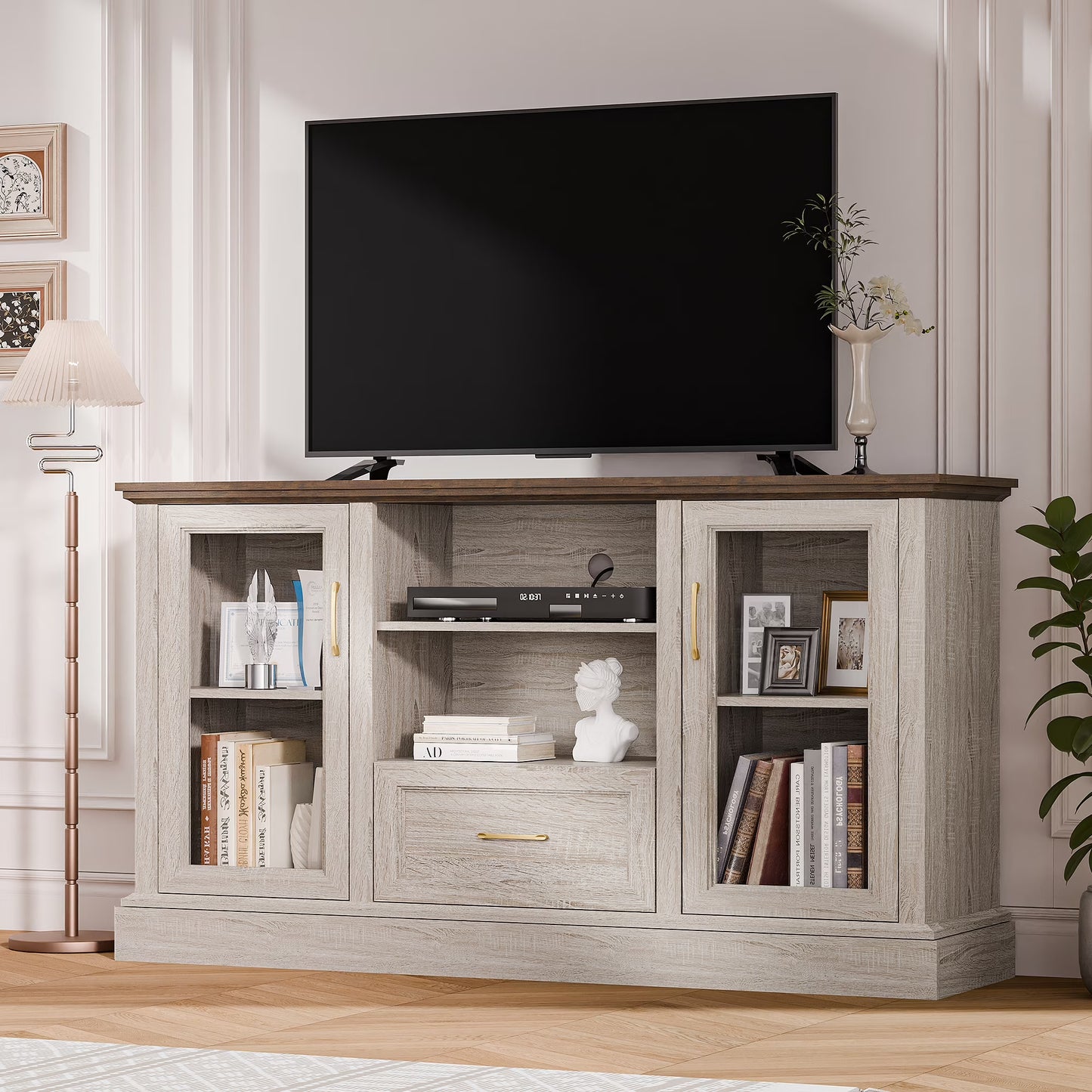 GETYES Farmhouse TV Stand for 70" TV, Wood Entertainment Center with Glass Doors and Adjustable Shelves