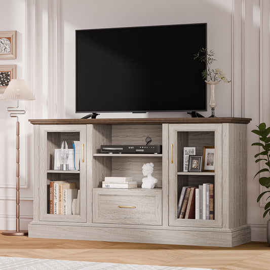 GETYES Farmhouse TV Stand for 70" TV, Wood Entertainment Center with Glass Doors and Adjustable Shelves