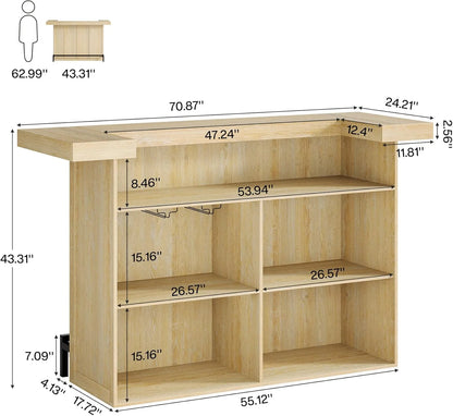 4-Tier Bar Table, 70.9-Inch Large Modern Home Bar Cabinet with Wine Glass Holder and Black Footrest