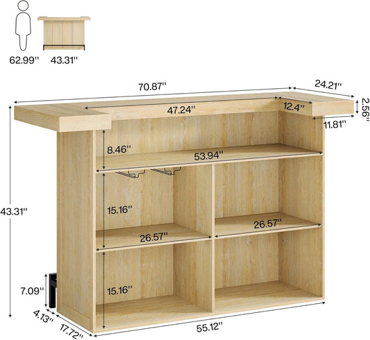 4-Tier Bar Table, 70.9-Inch Large Modern Home Bar Cabinet with Wine Glass Holder and Black Footrest