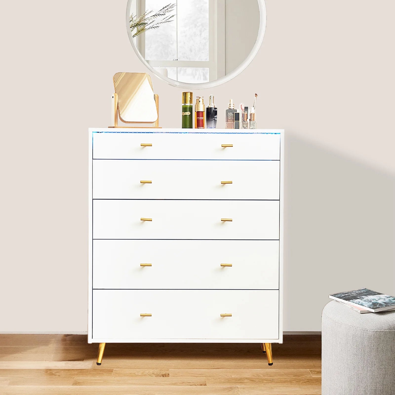 JanflyHome Drawer Dresser with LED Lights, Glass Top, Dresser with 5 Drawers Modern Storage Cabinet for Adult