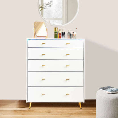 JanflyHome Drawer Dresser with LED Lights, Glass Top, Dresser with 5 Drawers Modern Storage Cabinet for Adult