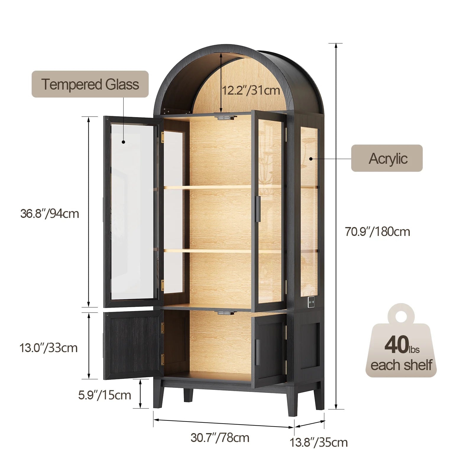 BROTTAR 71" Tall Arched Display Cabinet with Glass Doors, Kitchen Pantry with 3 Color LED Lights & Human Body Sensor, 5-Tier Bookcase for Living Room, Dining Room, Black