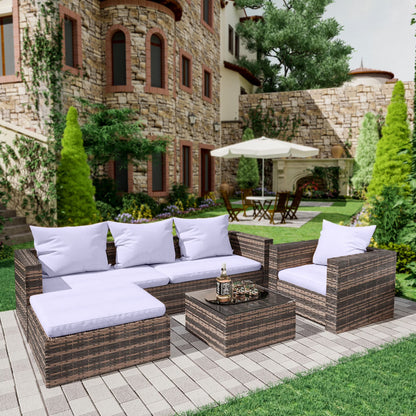 Rattan Patio Sofa Set, 4 Pieces Outdoor Sectional Furniture Set, All-Weather PE Rattan Wicker Patio Conversation Set, Cushioned Sofa Set with Glass Table for Patio Garden Poolside Deck