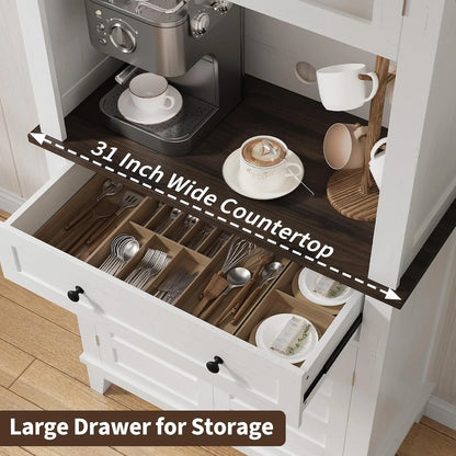 72" White Farmhouse Coffee Bar Cabinet with Storage Drawers & Glass Doors - Kitchen Storage Buffet for Dining Room, Beverage Organizer