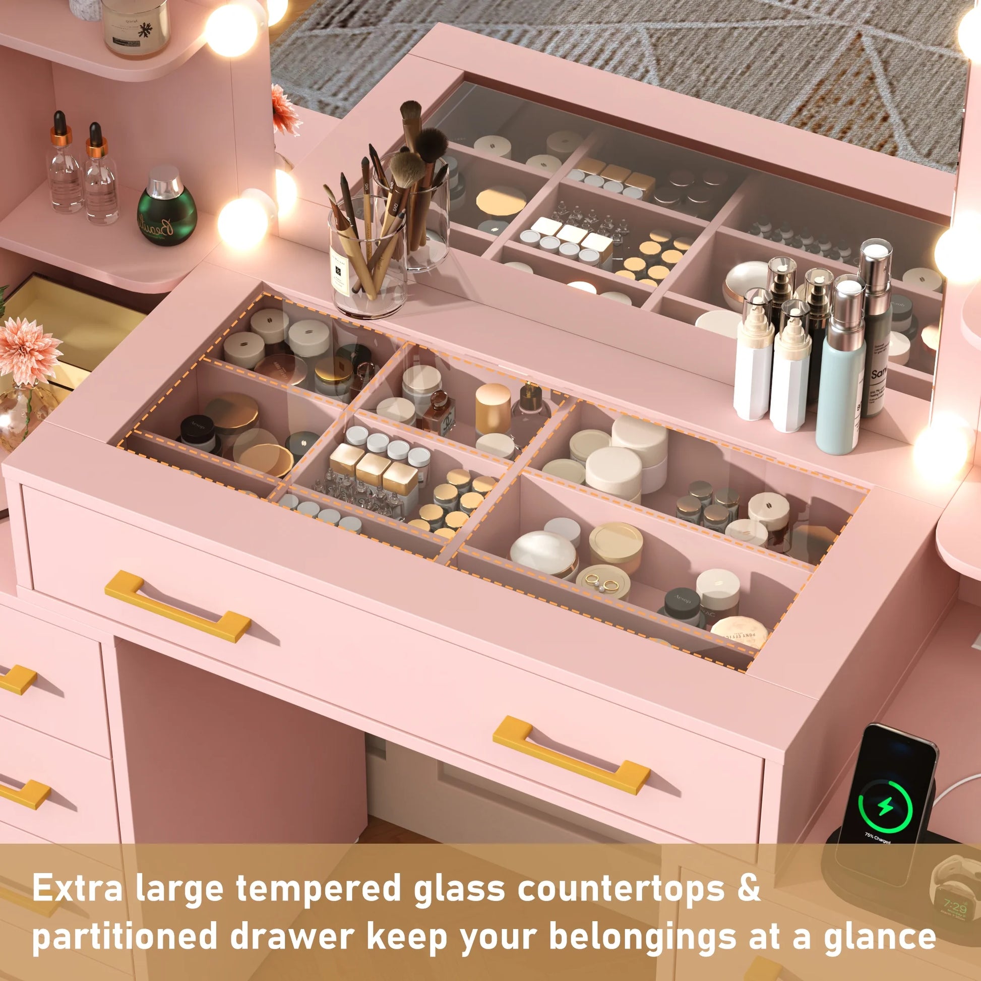 White Vanity Desk with Mirror & LED Lights, Glass Top Vanity Desk with Charging Station & Compartment Storage Drawers, 43" Large Makeup Vanity Table with 9 Drawers & 6 Shelves