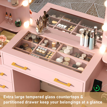 White Vanity Desk with Mirror & LED Lights, Glass Top Vanity Desk with Charging Station & Compartment Storage Drawers, 43" Large Makeup Vanity Table with 9 Drawers & 6 Shelves