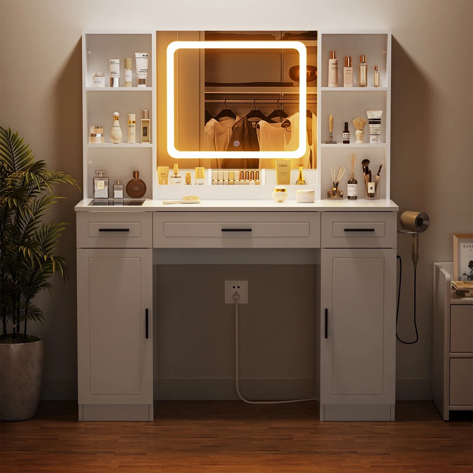 Hommpa Vanity Desk, Makeup Vanity with LED Lighted Mirror Vanity with Glass Top Drawers Vanity Table with Charging Station for Girls Bedroom Large Storage Cabinet Shelves, White