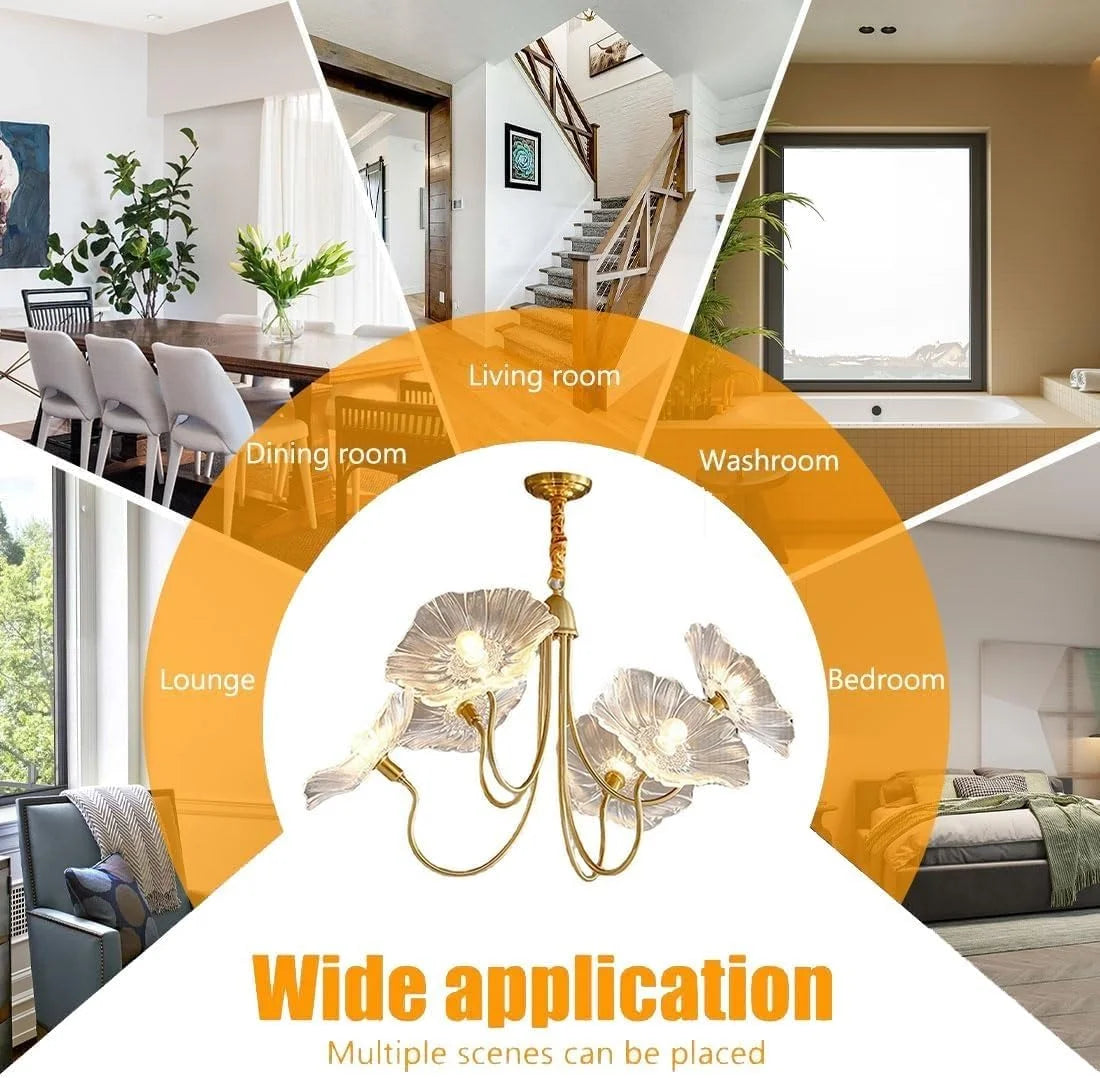 Lotus Leaf Glass Pendant Lights Fixtures Hanging Lamp,French Classic floral pendant Lighting Modern Nordic Chandeliers with 6-Lights,for Living Room Dining Room Bedroom