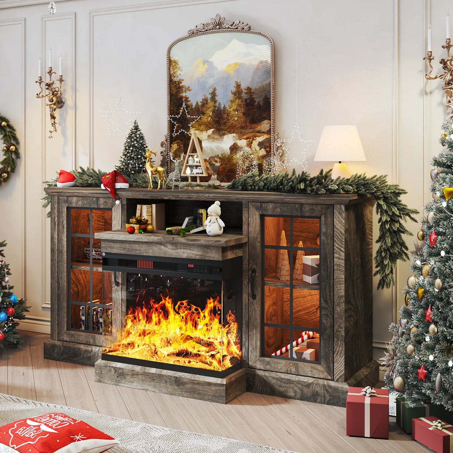 Easoger Fireplace TV Stand for TVs up to 65", 12 Flame Colors&12 LED Light Colors, TV Console with 3-Sided Glass Fireplace, for Living Room, Gray