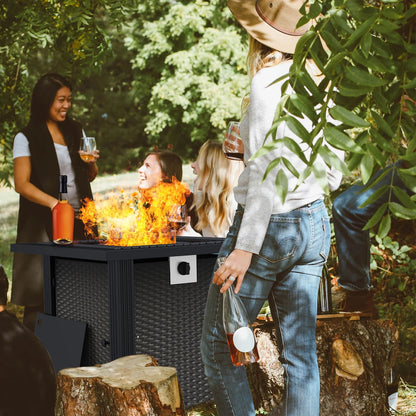 28 Inch Propane Fire Pit Table, Rattan & Wicker-Look 50,000 BTU Gas Firepits with Fire Glass for Outside Patio and Garden