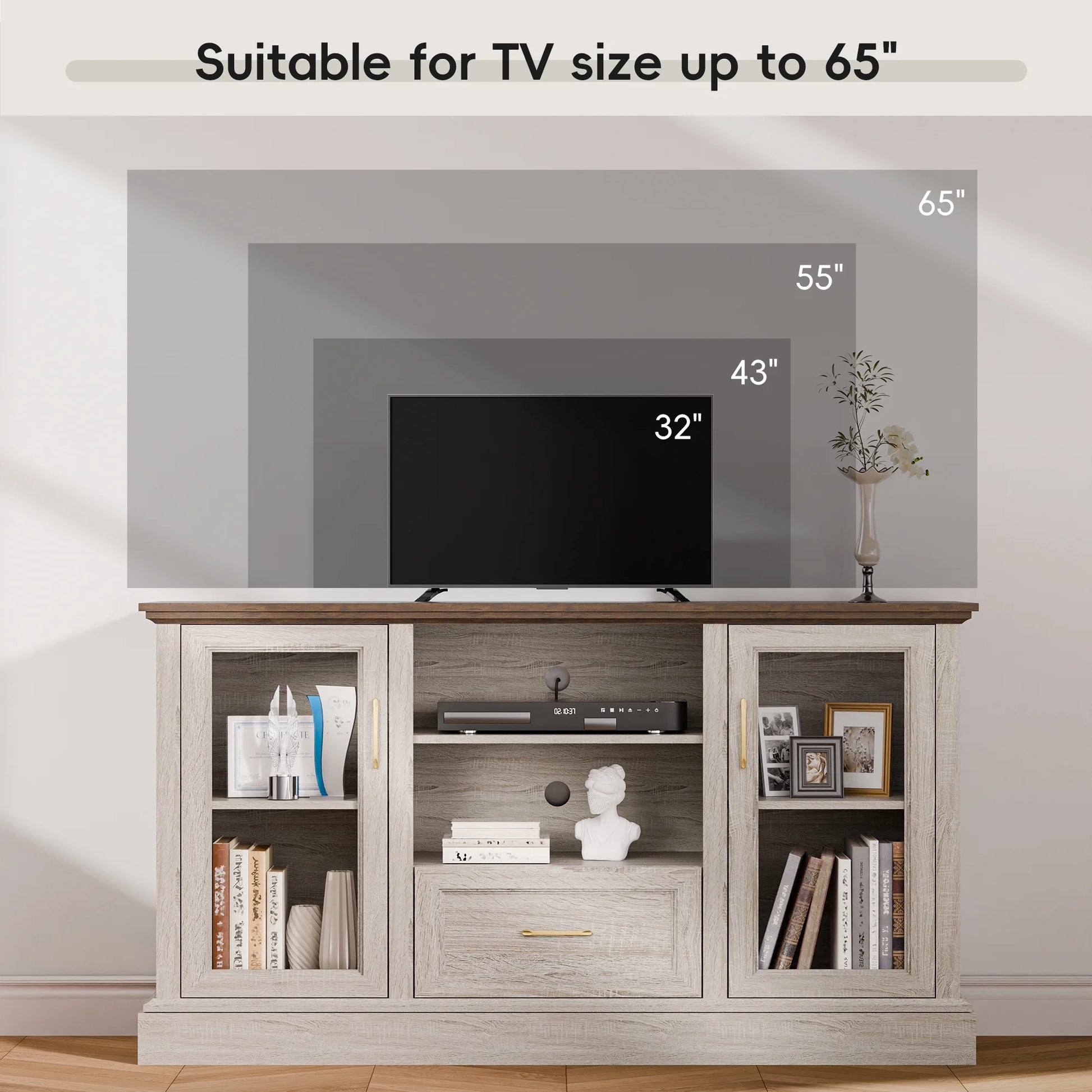 GETYES Farmhouse TV Stand for 70" TV, Wood Entertainment Center with Glass Doors and Adjustable Shelves