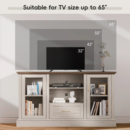 GETYES Farmhouse TV Stand for 70" TV, Wood Entertainment Center with Glass Doors and Adjustable Shelves