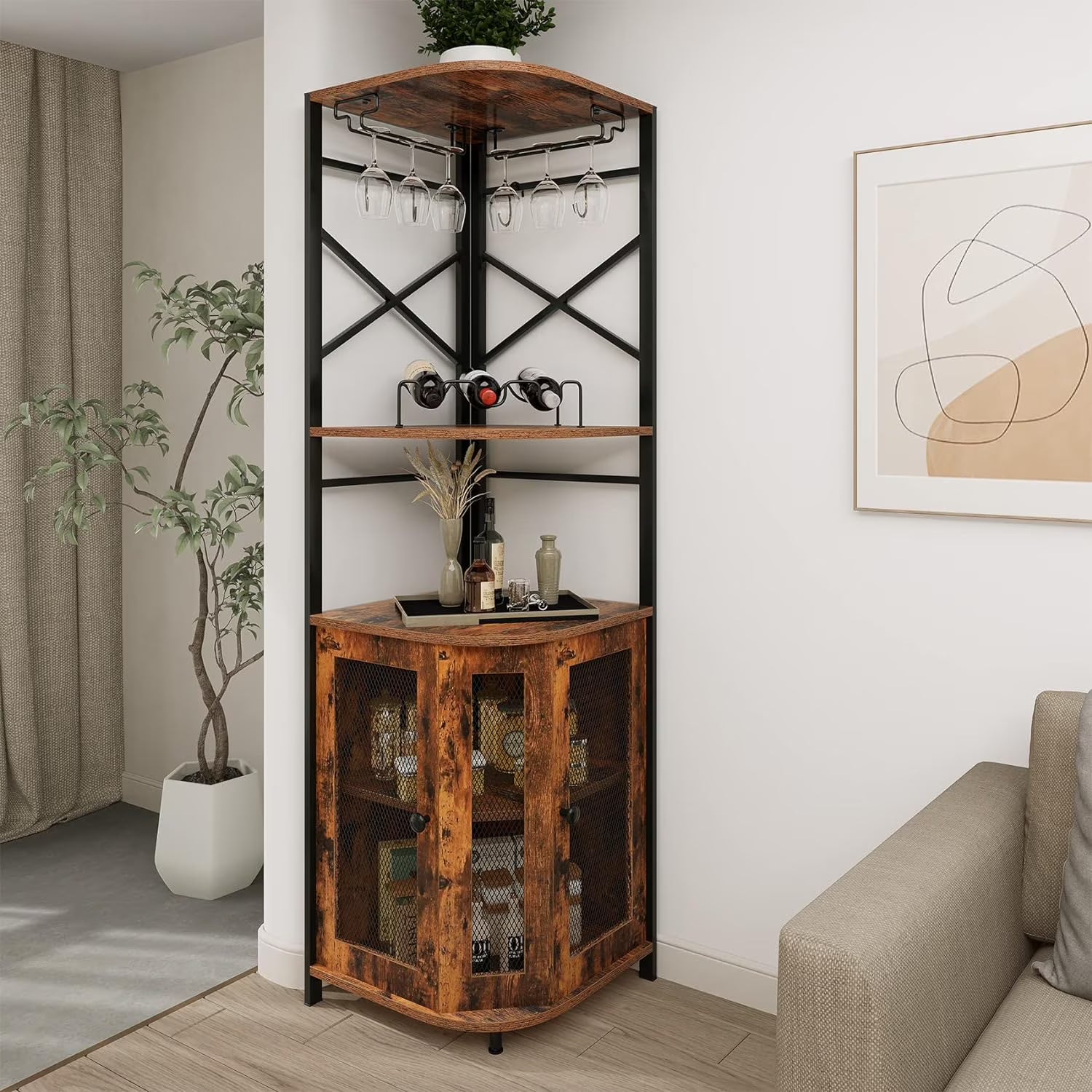 Frmobepts 6 Tier Corner Bar Cabinet with Glass Holder, Storage Cabinet with Door and Shelves , Corner Shelf with Wine Rack Display Shelves,Grey