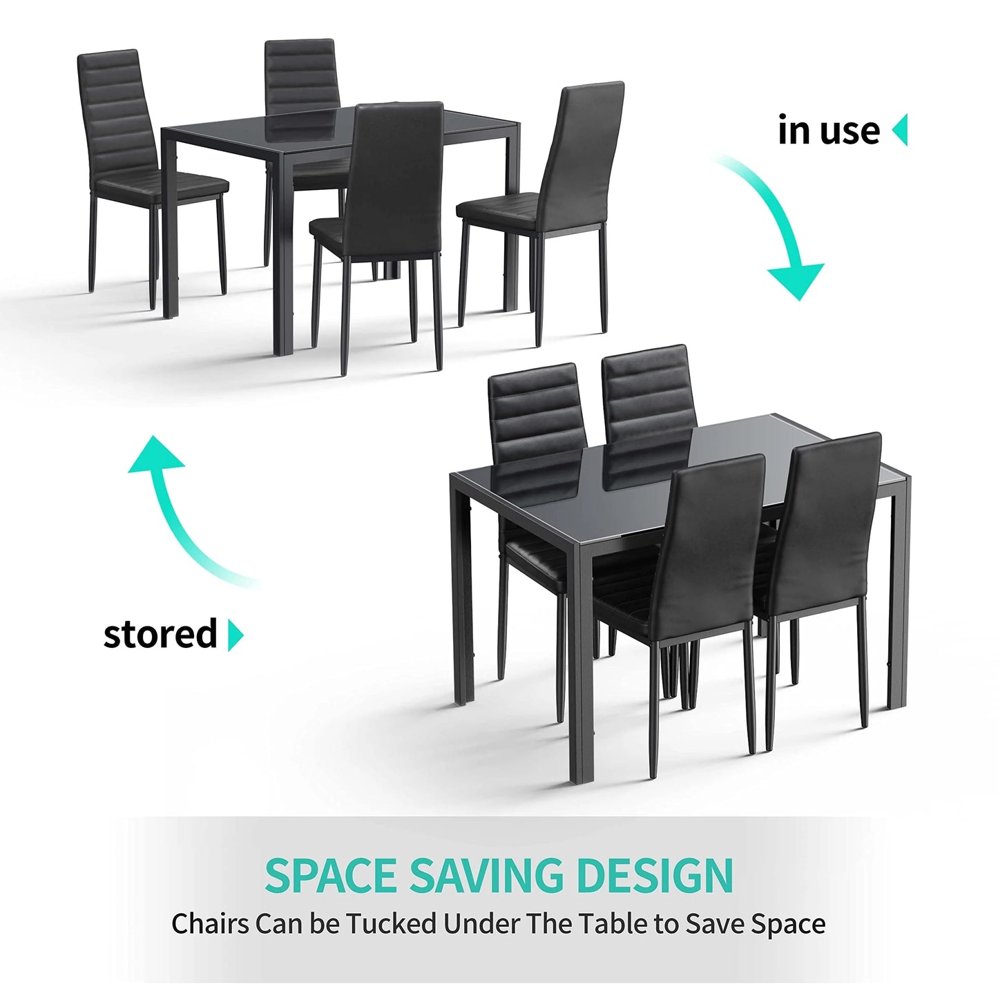 Lofka Glass Dining Table Set for 4, Dining Room Sets with 4 Back Support Chairs for Dinner, Black