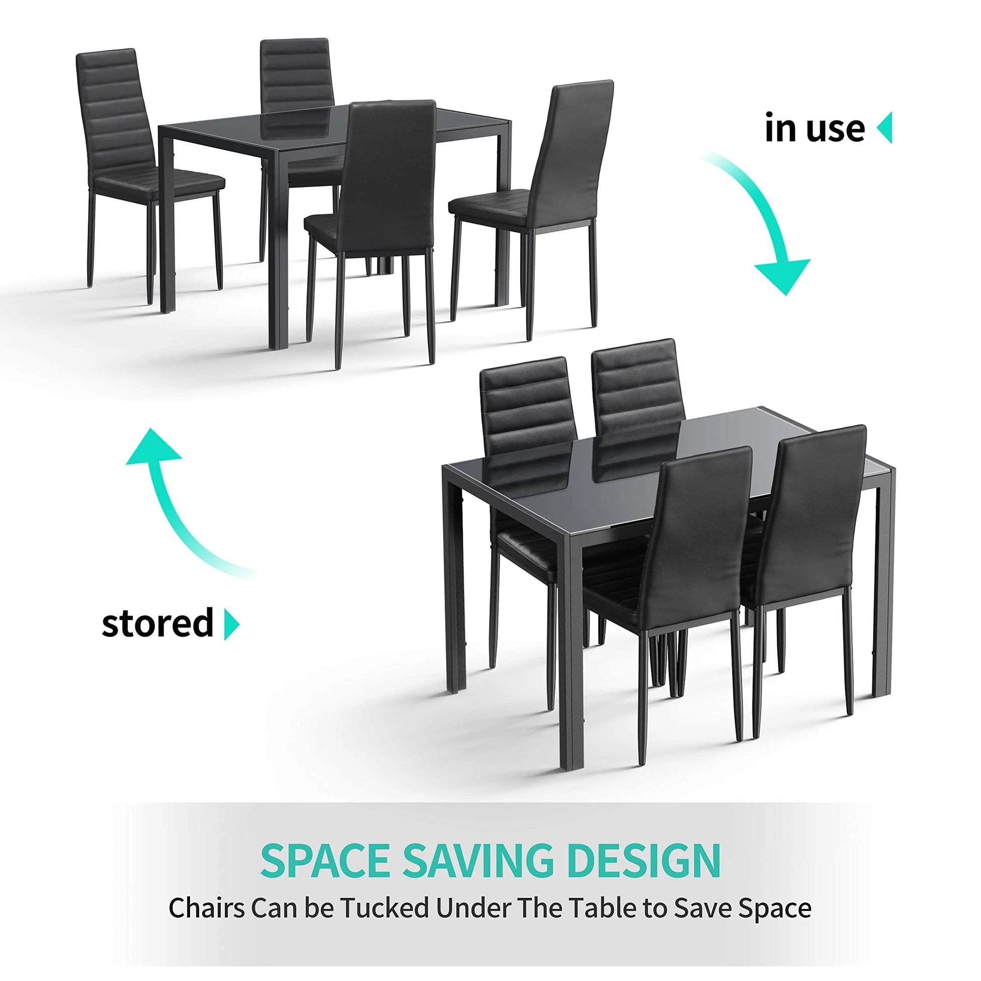 Lofka Glass Dining Table Set for 4, Dining Room Sets with 4 Back Support Chairs for Dinner, Black