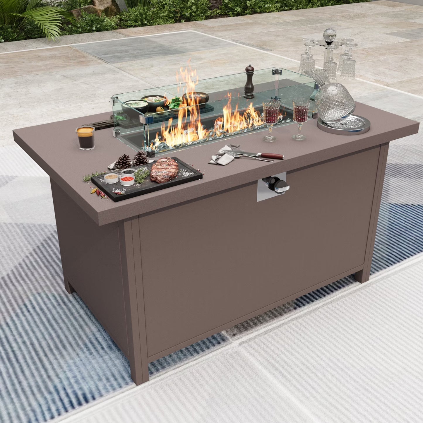 Wallowsun Outdoor Metal Fire Pit Table,40.5-inch Rectangle Red Brown Fire Pit Outdoor Companion,60000 BTU Auto-Ignition w Glass Wind Guard,Internal 20lb Propane Tank, Dust Cover