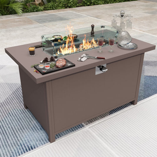 Wallowsun Outdoor Metal Fire Pit Table,40.5-inch Rectangle Red Brown Fire Pit Outdoor Companion,60000 BTU Auto-Ignition w Glass Wind Guard,Internal 20lb Propane Tank, Dust Cover