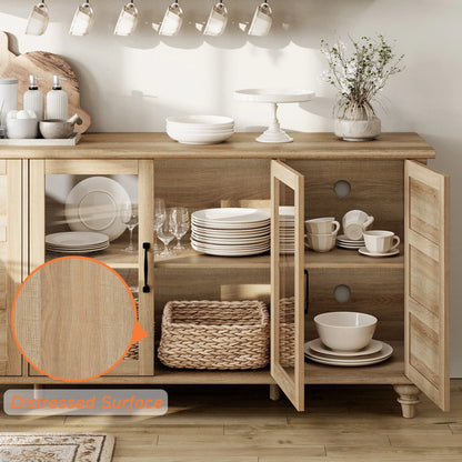 WAMPAT Sideboard Buffet Cabinets with Glass Door, Kitchen Storage Cabinets, Wood Coffee Bar Tables, Accent Sideboard Storage Cabinet Table Dining Room, Living Room,Oak