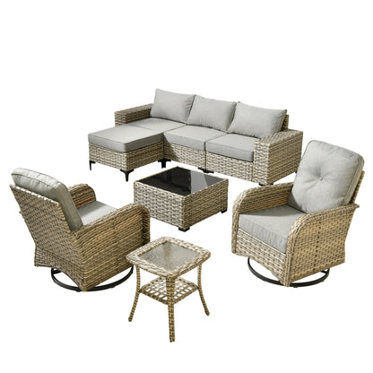 Ovios 8 Pieces Wicker Patio Furniture Sets Outdoor Conversation Sectional Sofa with Swivel Chairs & Glass Coffee Table