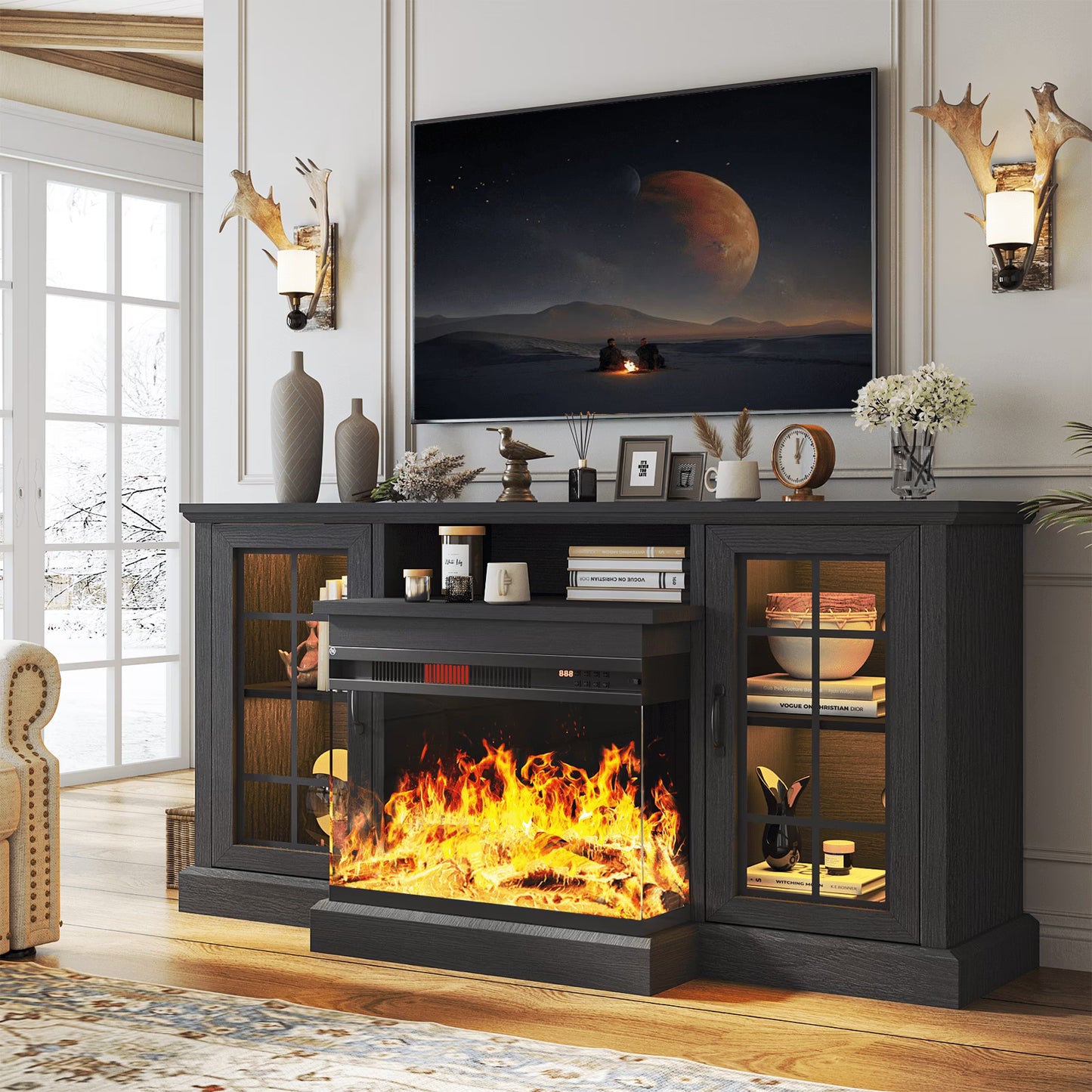 Easoger Fireplace TV Stand for TVs up to 65", 12 Flame Colors&12 LED Light Colors, TV Console with 3-Sided Glass Fireplace, for Living Room, Gray