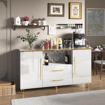 MARNUR Sideboard Buffet Cabinet, 55" Coffee Bar Cabinet with 2 Drawers and Wine Glass Holder for Kitchen Dining Room Living Room, White