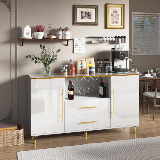 MARNUR Sideboard Buffet Cabinet, 55" Coffee Bar Cabinet with 2 Drawers and Wine Glass Holder for Kitchen Dining Room Living Room, White