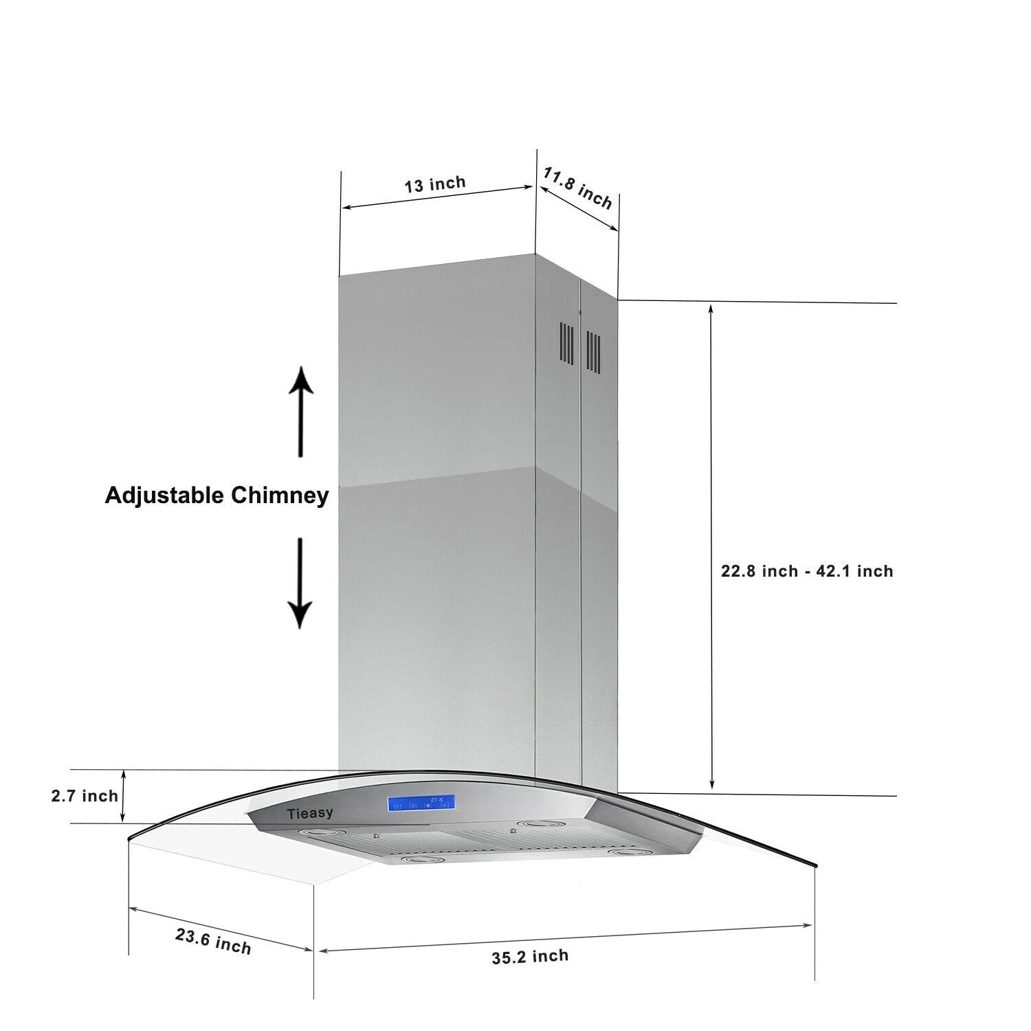 Tieasy 36 inch Island Mount Range Hood 900 CFM with Glass LCD Touch Control 4 LED Lamps