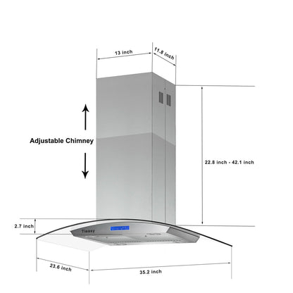 Tieasy 36 inch Island Mount Range Hood 900 CFM with Glass LCD Touch Control 4 LED Lamps