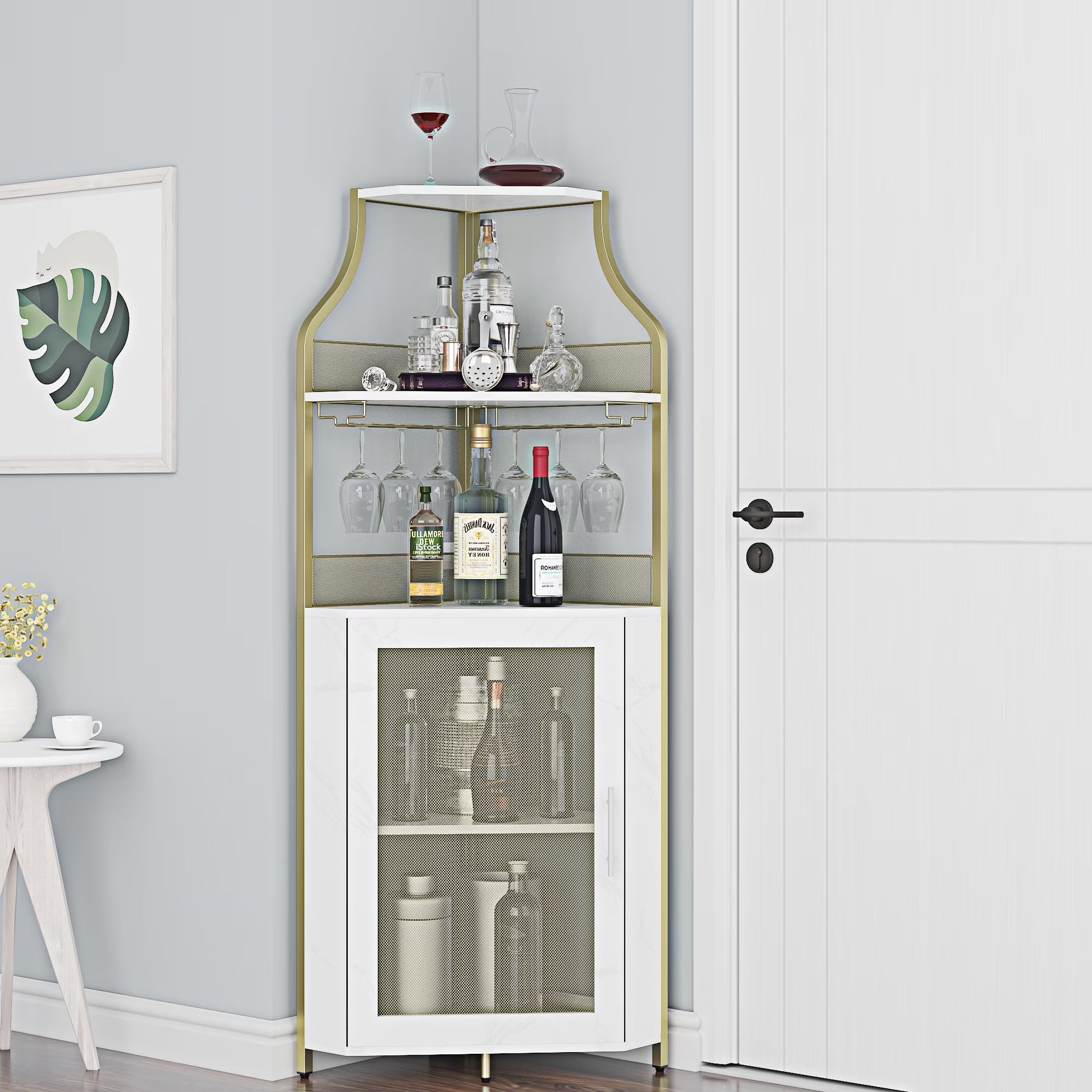 COZONY 5-Tier Retro-Styled Corner Bar Cabinet with Wine Rack, Glass Holder, and Storage Shelves, 60.6"H