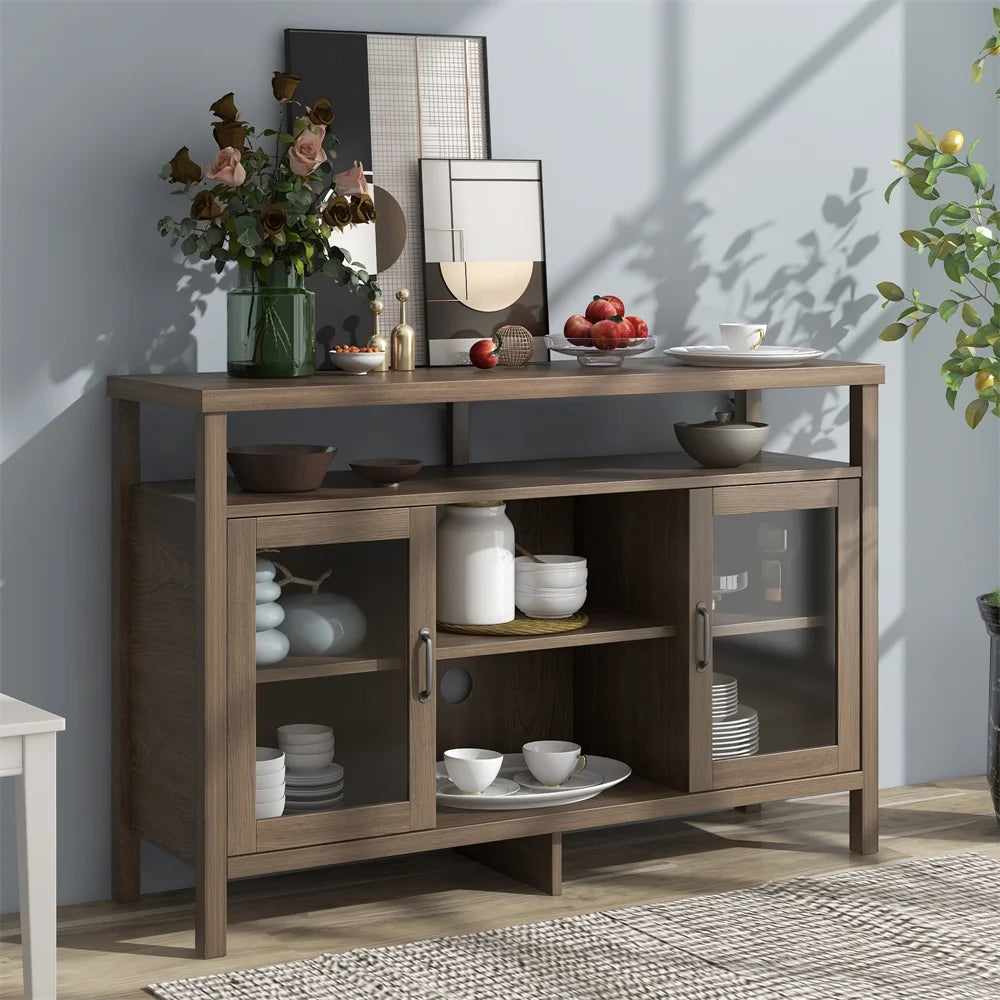 Visentor 42 Inch Kitchen Storage Cupboard, Dining Room Storage Cabinet with Glass Door, Sideboard Buffet Table, Black