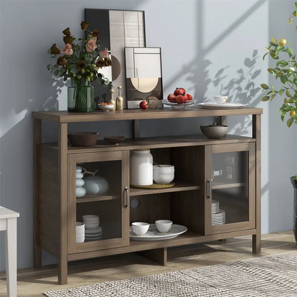 Visentor 42 Inch Kitchen Storage Cupboard, Dining Room Storage Cabinet with Glass Door, Sideboard Buffet Table, Black