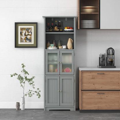 Gymax Bathroom Tall Storage Cabinet Linen Tower w/Glass Door & Adjustable Shelf Grey