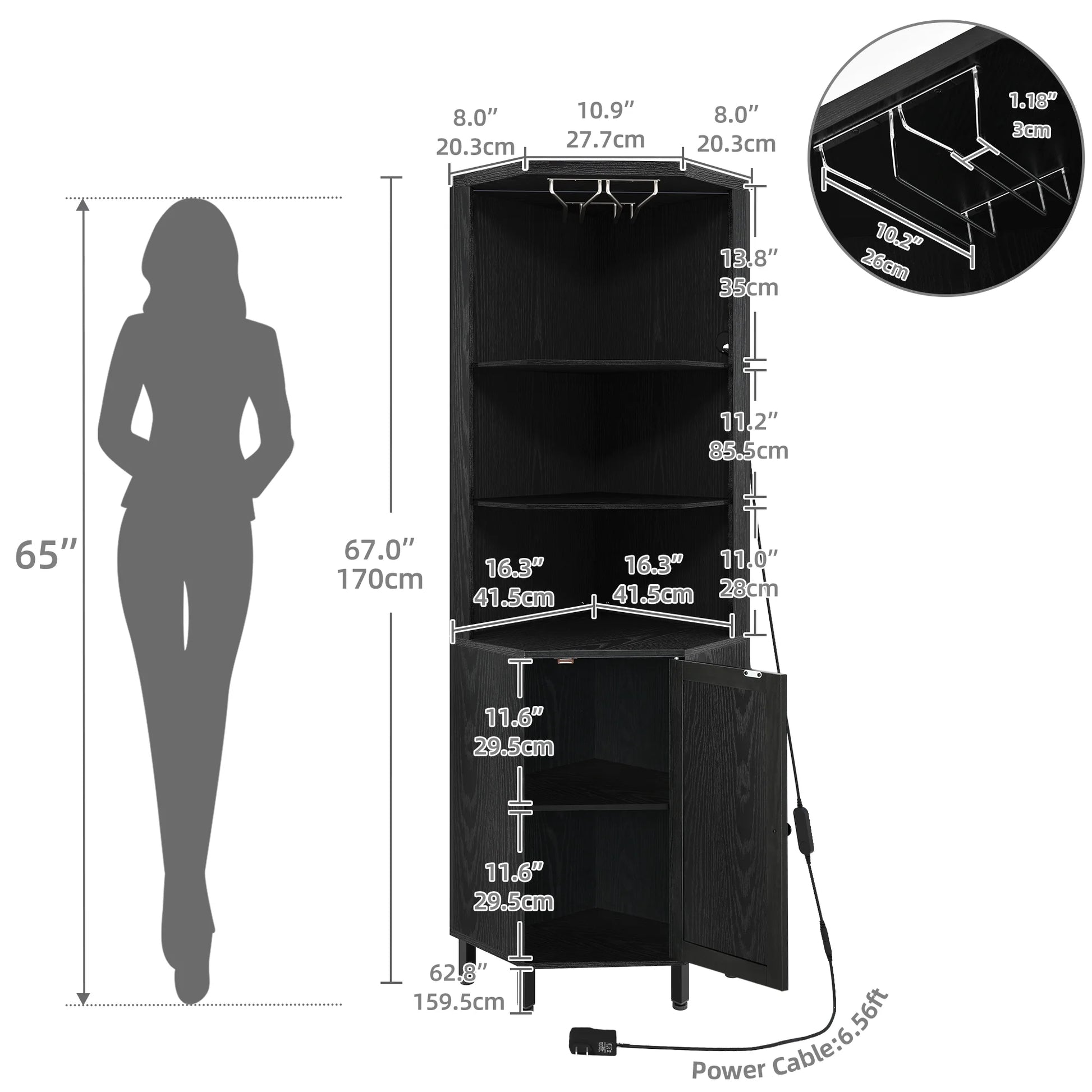 Dextrus 67" Corner Bar Cabinet with LED Lights, Wine Glass Holder & Storage Shelves, Black