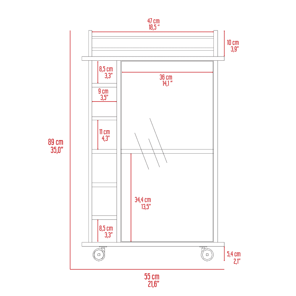32" H carbon espresso bar-coffee cart, Kitchen or living room cabinet storage with with 4 wheels, with 6 bottle racks, a central shelf covered by 1 glass door, 1 support surface with aluminum front.