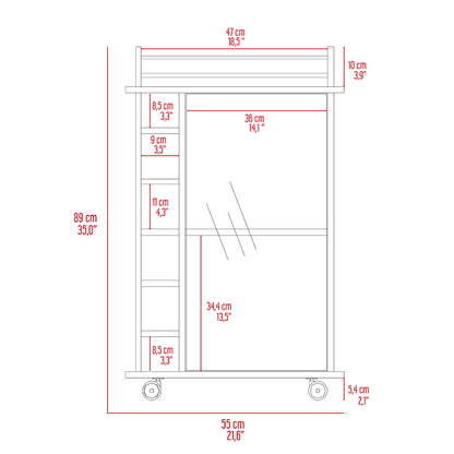 32" H carbon espresso bar-coffee cart, Kitchen or living room cabinet storage with with 4 wheels, with 6 bottle racks, a central shelf covered by 1 glass door, 1 support surface with aluminum front.